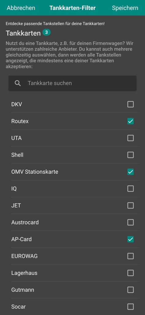 Interfaz de filtro de tarjetas de combustible en la aplicación Precios de Combustible Austria que enumera varios proveedores como Routex y OMV