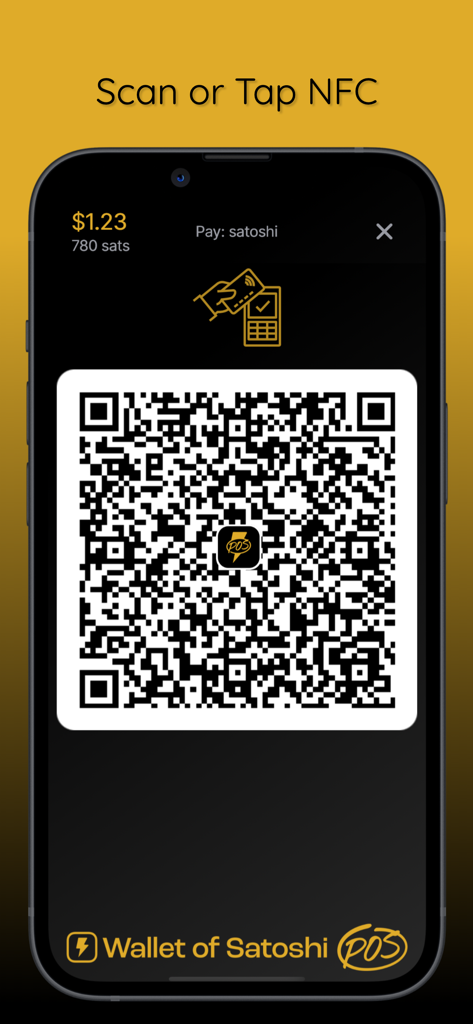 Wallet of Satoshi POS - Wallet of Satoshi POSアプリのインターフェース。Bitcoin Lightning Network決済のためのQRコードとNFCオプションが表示されています。