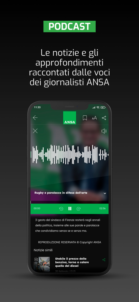 ANSA app podcast interface featuring news and analysis by journalists