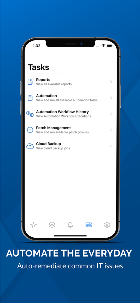 VSA - Interface of the VSA mobile app showing the Tasks screen with automation and patch management options