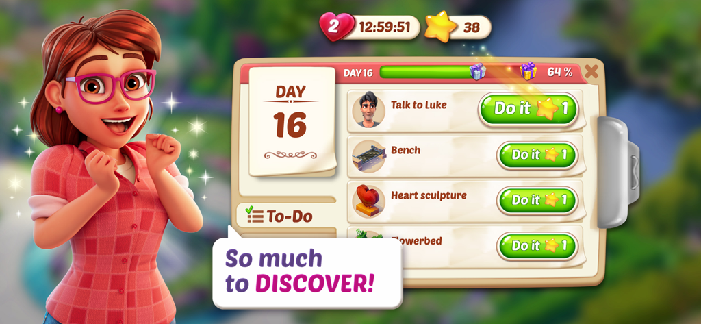 Lily’s Garden: Match & Design - Lily's Garden 게임 화면에 16일차의 루크와 대화하고 벤치 만들기 등 정원 개조 작업 목록이 표시됨