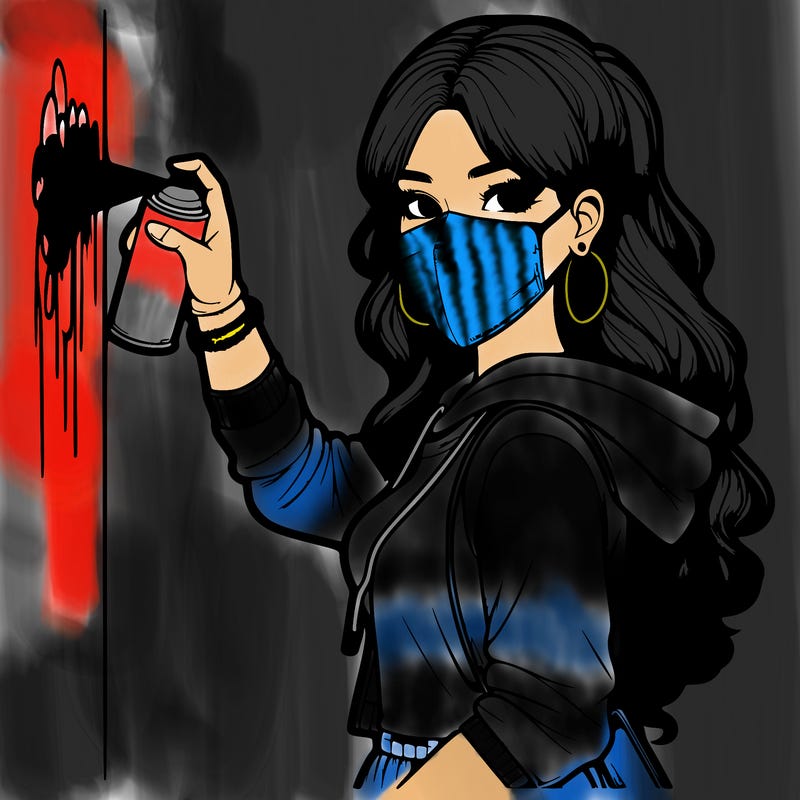 realistic girl with mask spray painting a wall