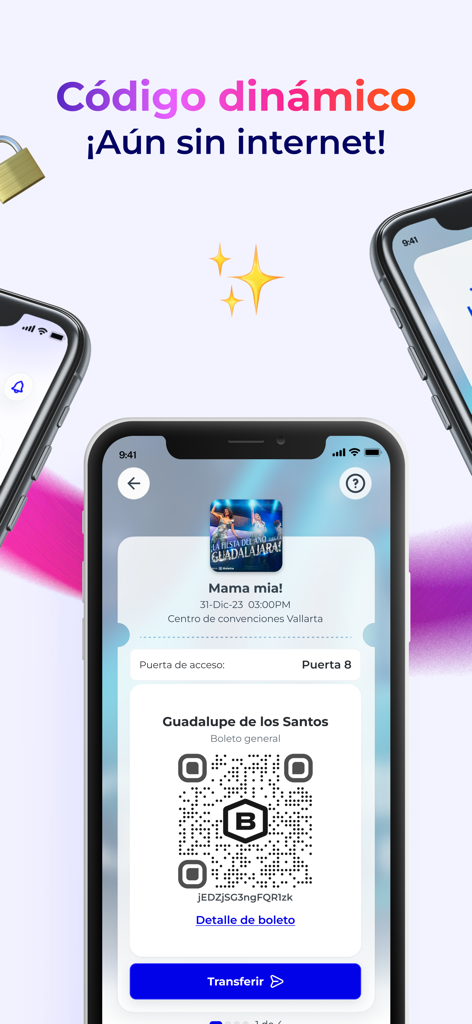 Boletia: Boletos para eventos - Uno smartphone che mostra un biglietto digitale nell'app Boletia con un codice QR dinamico per un ingresso sicuro all'evento senza internet.