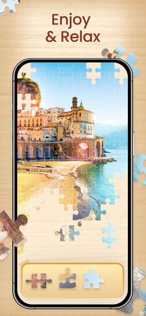 Jigsaw Puzzle HD - Brain Games - Um quebra-cabeça relaxante de uma cidade costeira mediterrânea sendo montado em um smartphone.