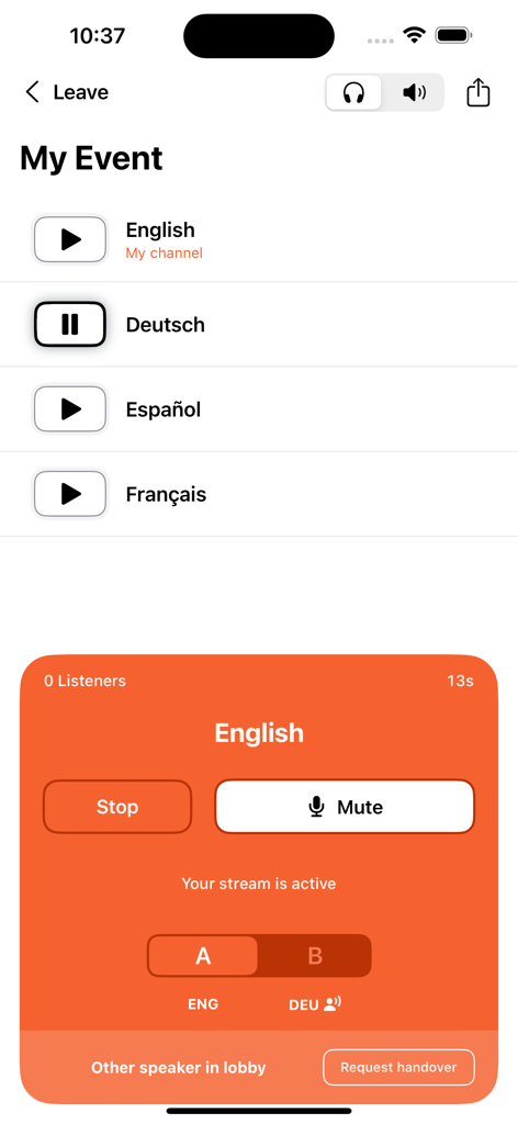 LiveVoice - LiveVoice app interface displaying event language channels like English and German with active audio stream controls