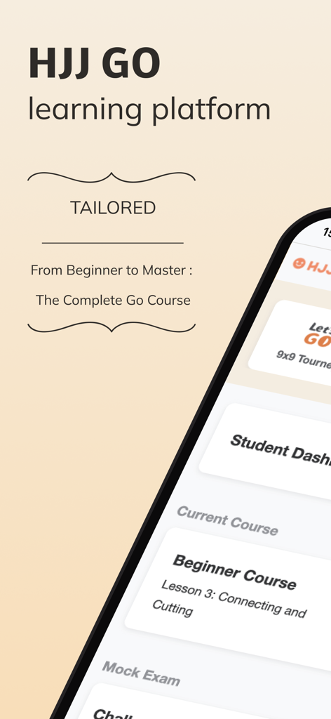 HJJ GO - One-stop Learning App - HJJ GO app interface showing the tailored Go course from beginner to master with a student dashboard and beginner lesson