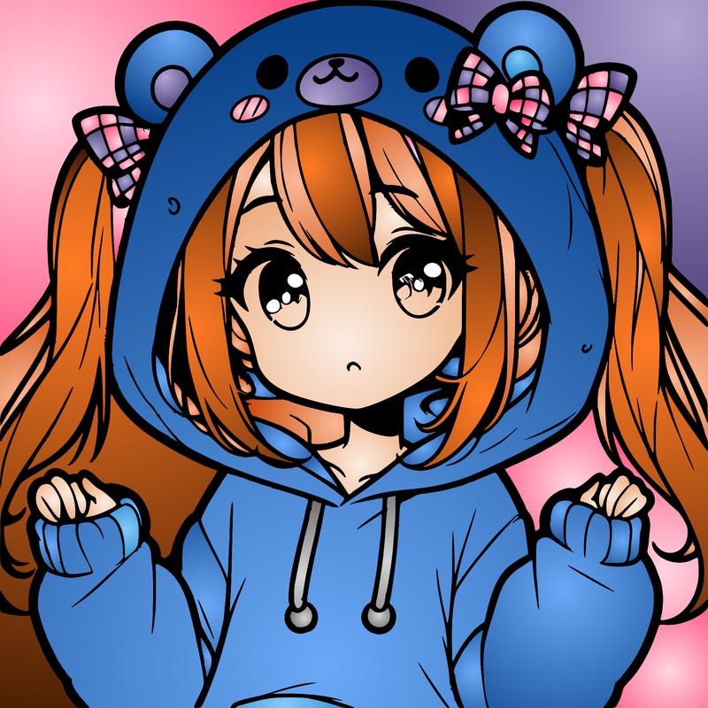 cute anime girl with ponytails and a cute bear hoodie