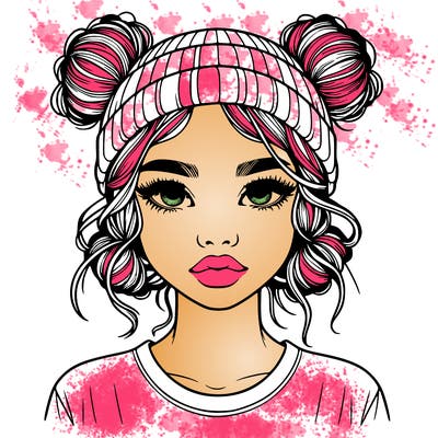 realistic girl with buns in her hair with a beanie on
