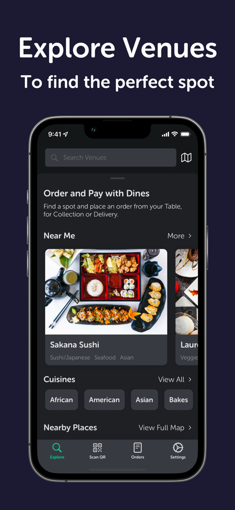 Dines - Mobile Ordering - The explore venues screen of the Dines app showing restaurant listings and cuisine categories