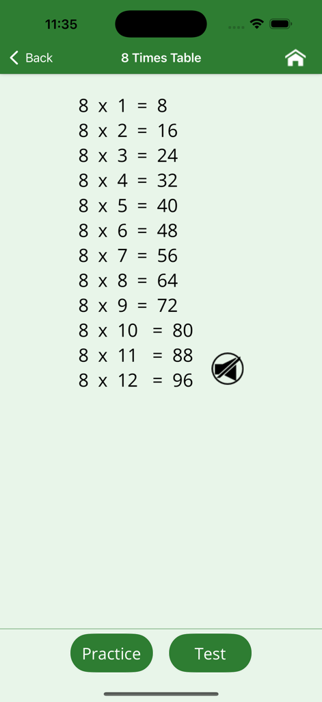 Screenshot of the 8 times table from 1 to 12 in a math learning app