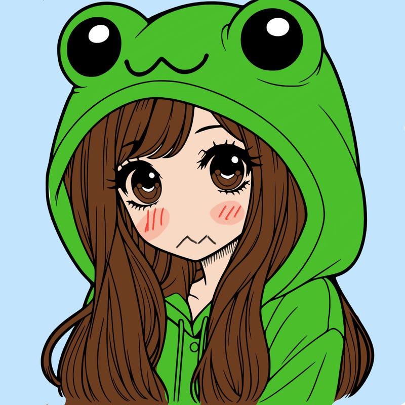 a pretty girl wearing a frog hoodie portrait with long hair