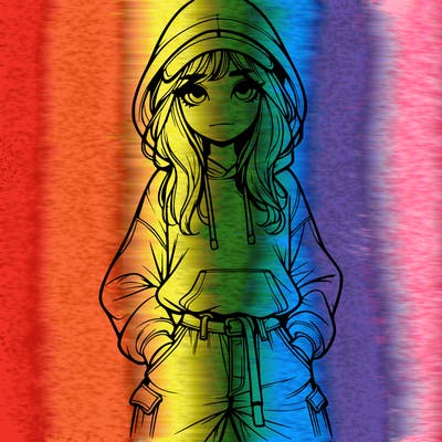 realistic girl with baggy jeans, a hoodie and hat long hair
