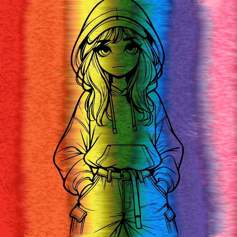 realistic girl with baggy jeans, a hoodie and hat long hair