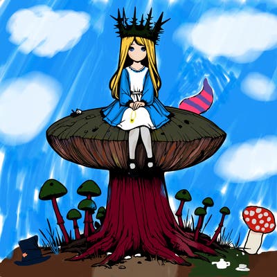 realistic girl sitting on a huge tree stump size toadstool with thorn crown
