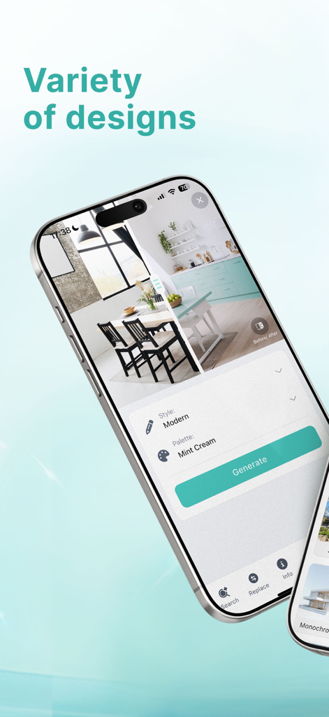 HomeVibe – AI Home Design - HomeVibe app interface showing an AI-generated kitchen redesign with a before and after comparison