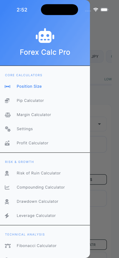 Menu de navegação lateral do aplicativo Forex Calc Pro mostrando calculadoras principais de trading e gestão de risco