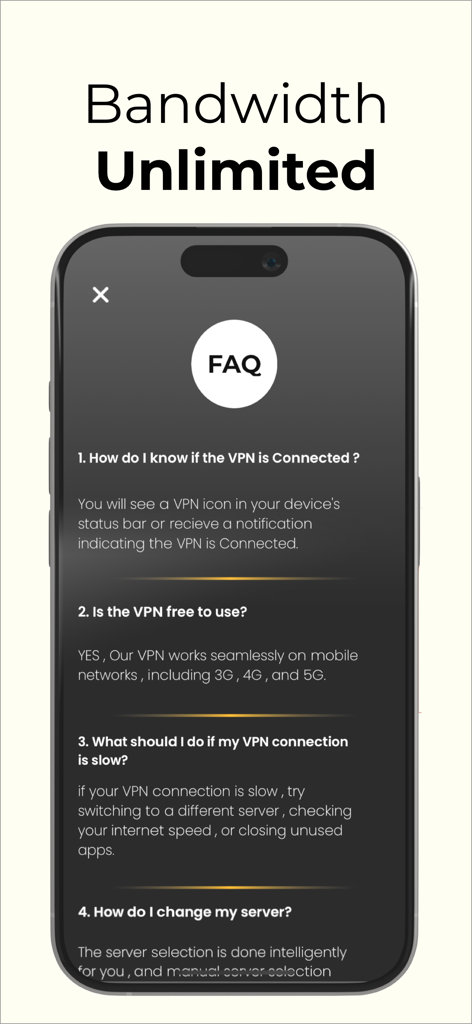 VPNSix - Optimized and Fast - Captura de pantalla de la aplicación VPNSix mostrando la pantalla de Preguntas Frecuentes con el encabezado Ancho de Banda Ilimitado