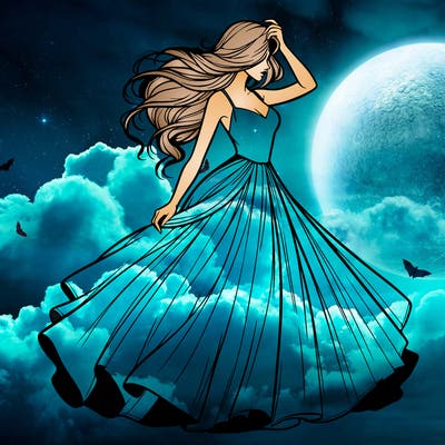 realistic woman with dress flowing in the wind