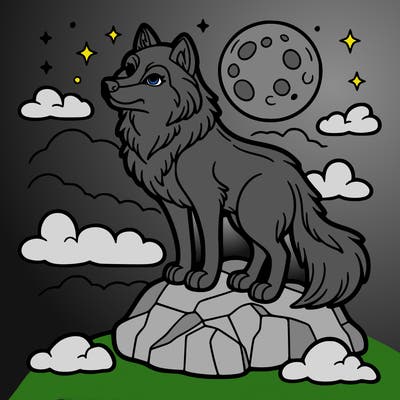 wolf on a rock with the moon in the background
