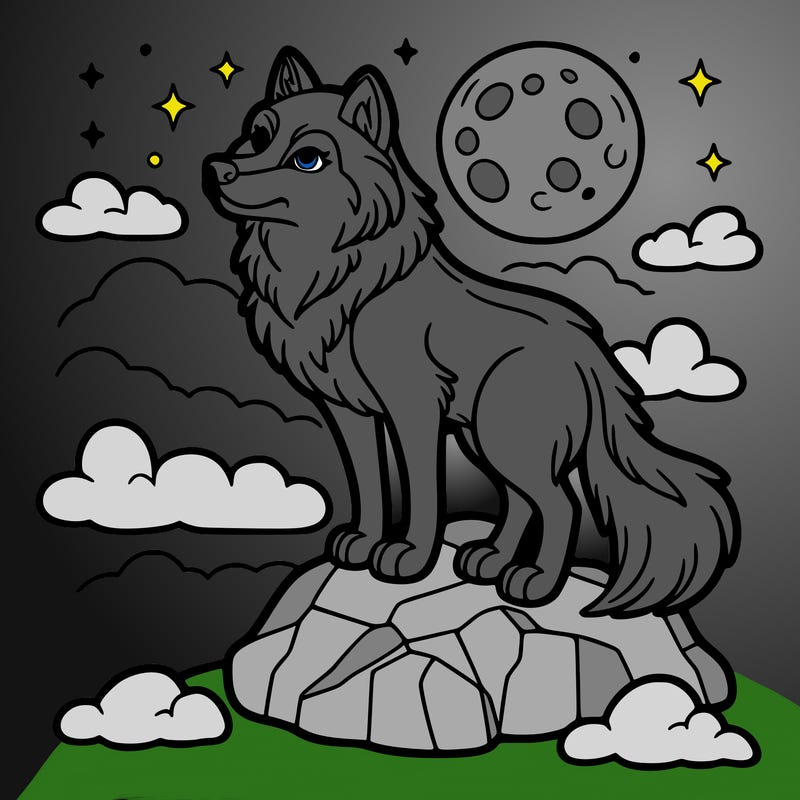 wolf on a rock with the moon in the background