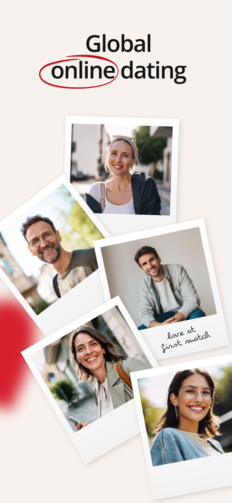 A collage of polaroid photos showing smiling men and women for a global online dating app