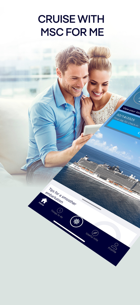A smiling couple looking at a phone showing the MSC for Me cruise companion app interface with a ship in the background
