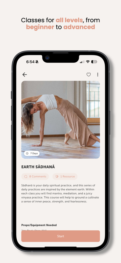 SATI studio - SATI studio mobile app showing a yoga class and level accessibility