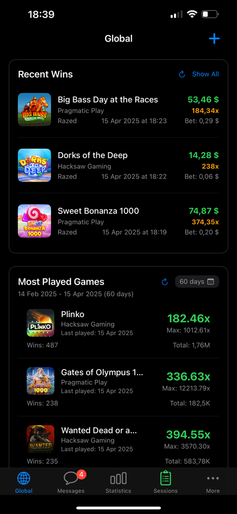TrackNbet - TrackNbet app dashboard showing recent big wins and most played casino games with analytics