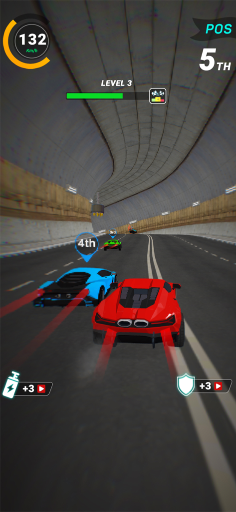 Red and blue sports cars racing through a tunnel in the GearHead Rush Adventure mobile game.