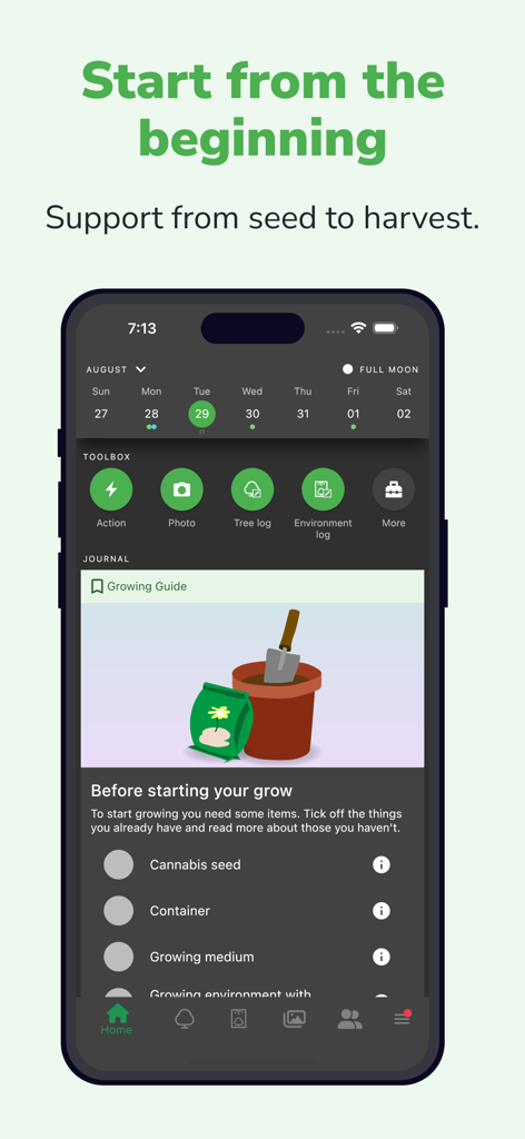Smartphone interface of the Grow with Jane app showing a checklist for starting a cannabis grow including seeds and containers