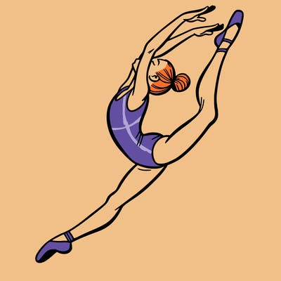 gymnast doing a leap in a leotard with a bent back leg