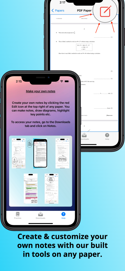 Interface do aplicativo demonstrando como anotar e fazer anotações em provas de exames anteriores do IGCSE.