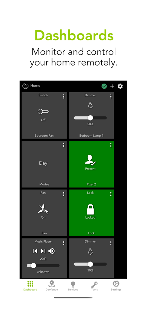 Hubitat Elevation app dashboard interface showing remote controls for smart home devices including lights and locks