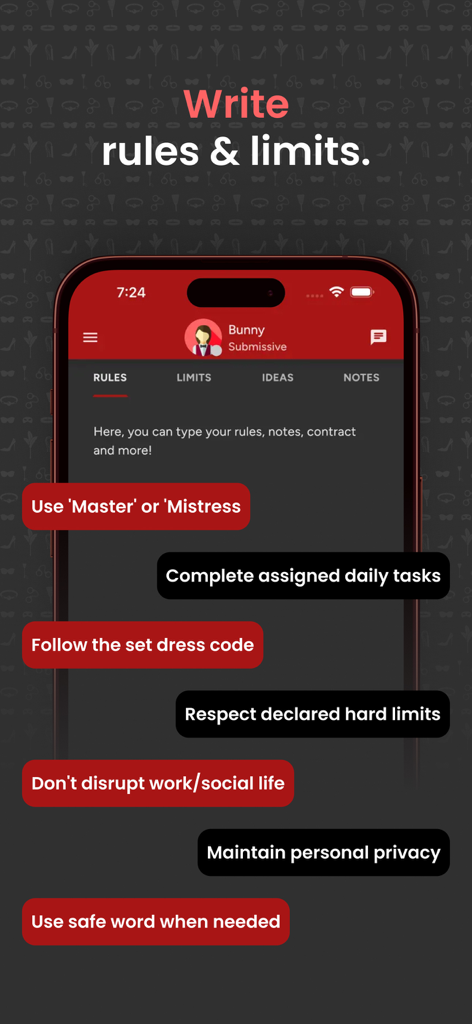 Obedience app interface for setting custom relationship rules and limits