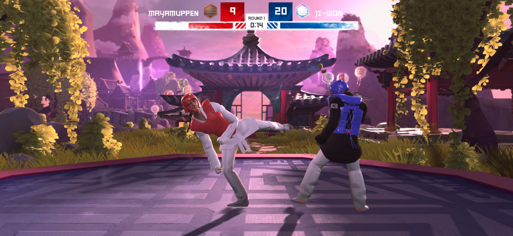 Taekwondo Grand Prix - Dois lutadores em equipamento vermelho e azul lutando em uma partida realista de taekwondo.