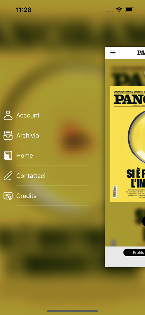 Menú de navegación de la aplicación Panorama que muestra secciones para cuenta, archivo, inicio, contacto y créditos