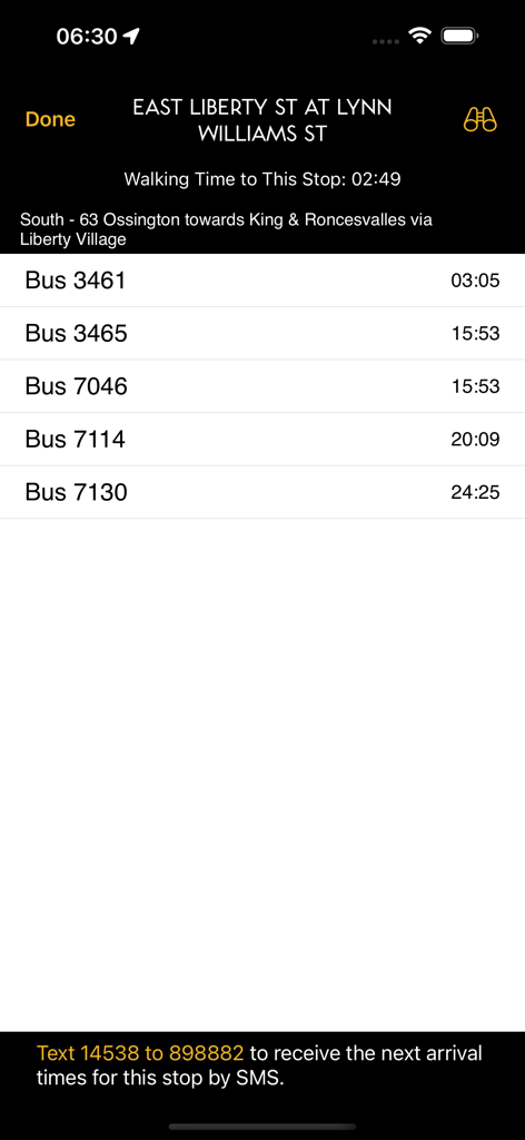 Aplicativo Mapa de Ônibus TTC mostrando horários de chegada de ônibus em tempo real e tempo de caminhada até uma parada em Toronto
