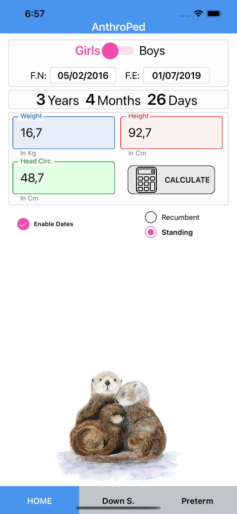 AnthroPed - AnthroPed app home screen showing pediatric measurement input fields for weight height and head circumference
