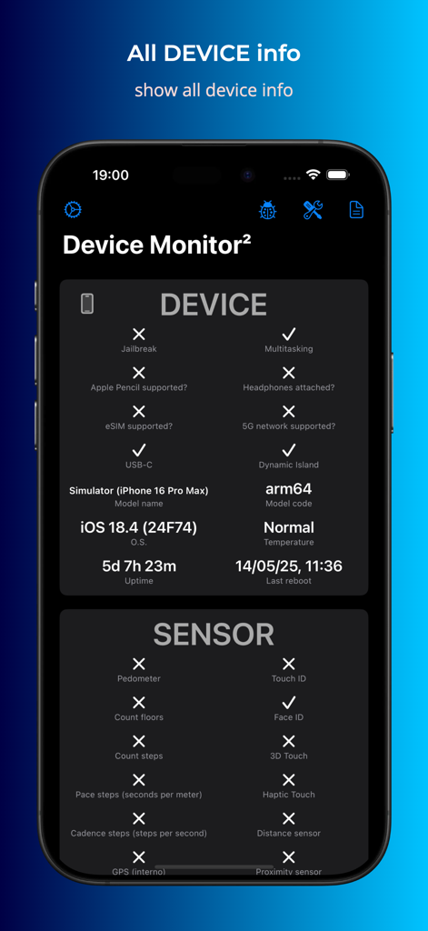 Screenshot of Device Monitor app showing iPhone hardware specifications and sensor status