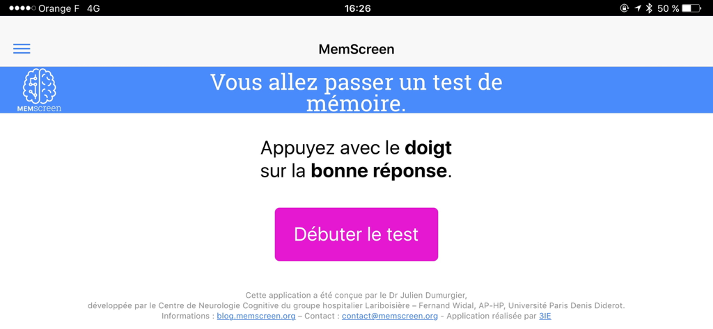 Start screen of the MemScreen app showing a pink button to begin a memory test assessment.