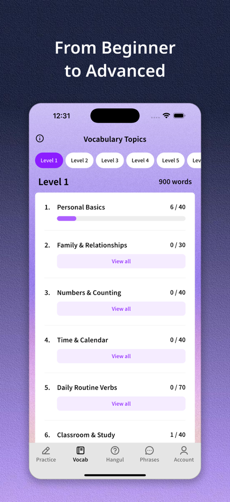 Koppa - Learn Korean - Koppa app mostrando uma lista de tópicos de vocabulário coreano de Nível 1 como Noções Básicas Pessoais e Família