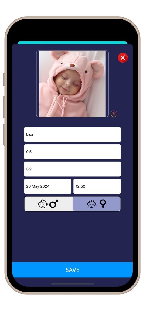 Colic: Sleep Sounds & Musics - Baby profile setup screen in the Colic Sleep Sounds app showing name and birth details