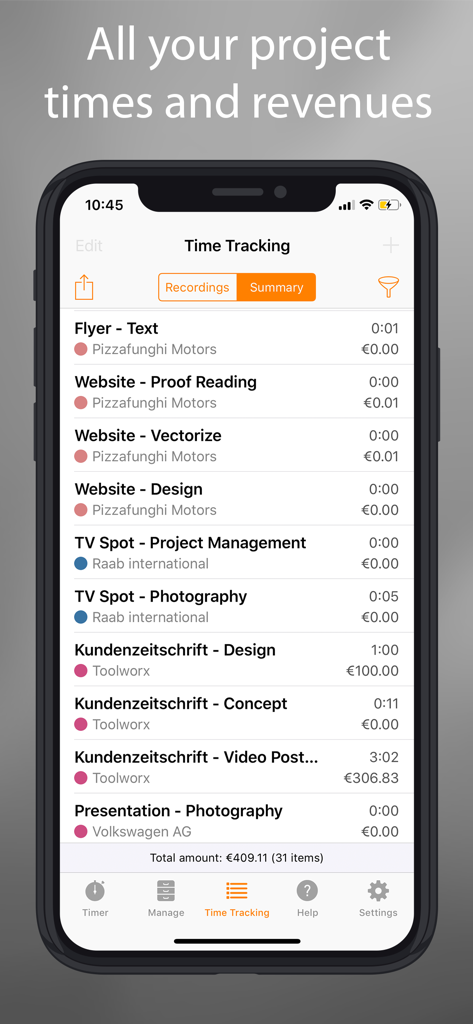 timeEdition - Time Tracking - Mobile interface of timeEdition showing a detailed list of tracked hours and revenue per project