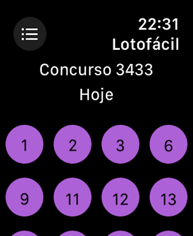 Mega Watch - Risultati della lotteria visualizzati su un'interfaccia di Apple Watch con cerchi numerati viola
