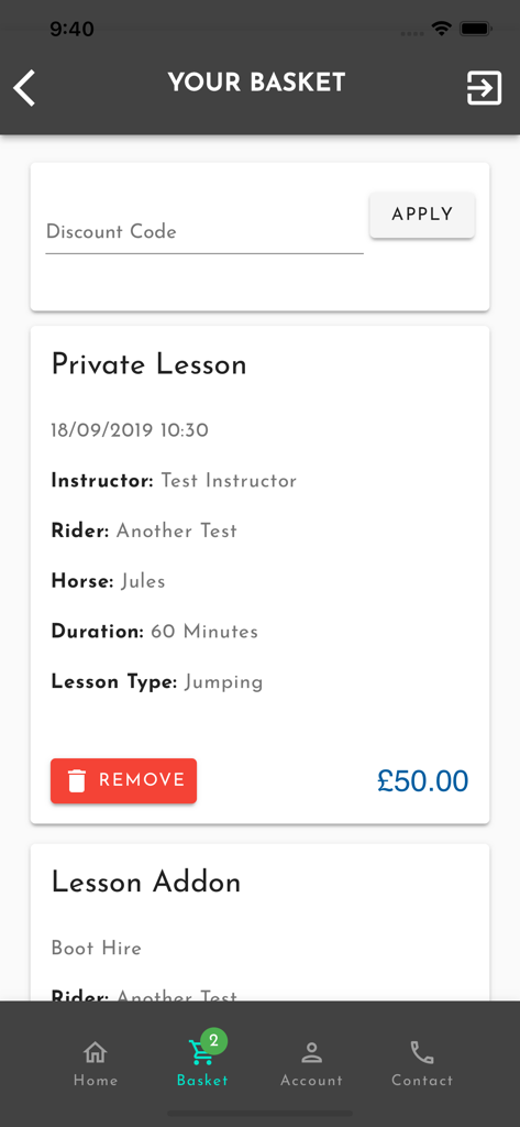 EC Pro (UK) - Shopping basket view in the EC Pro app displaying a private jumping lesson and boot hire details