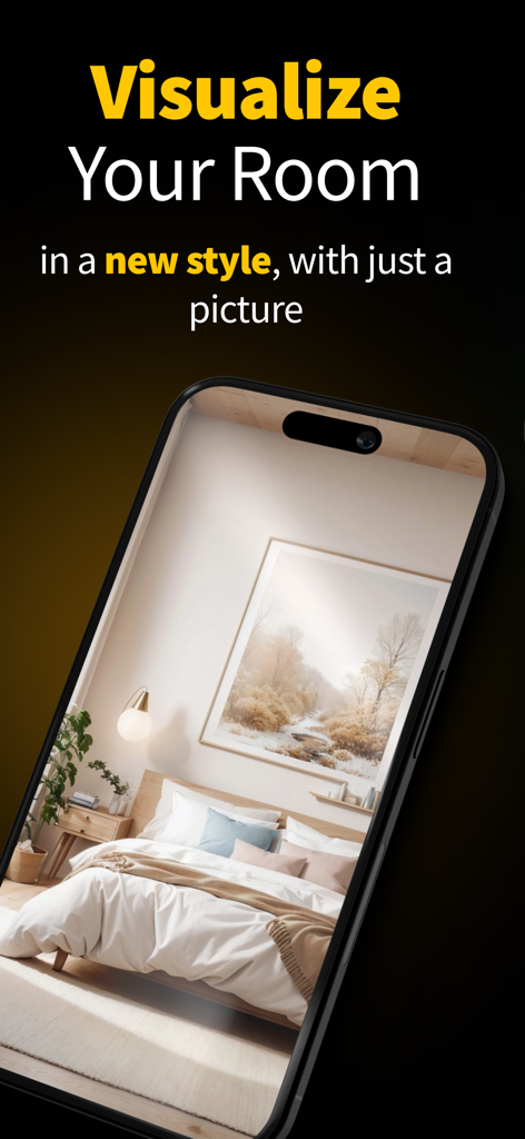 AI Room Design: Dream House - AI Room Design app visualizing a modern bedroom in a new style on a smartphone