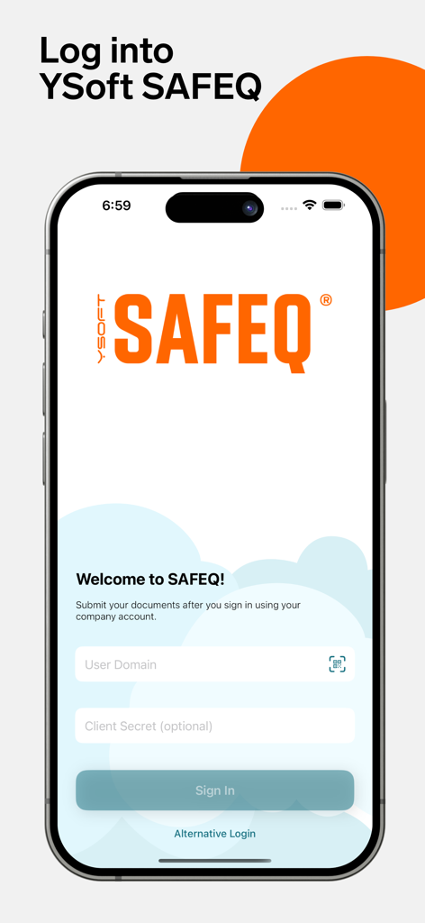YSoft SAFEQ app login interface for secure enterprise printing showing domain authentication fields
