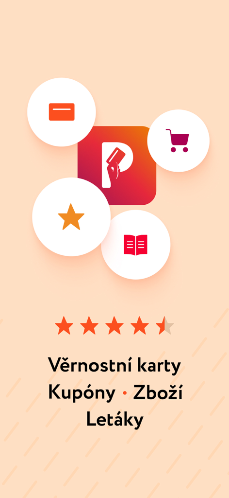 Introductory screen of Portmonka app highlighting loyalty cards, coupons, goods, and sales flyers with a 4.5 star rating