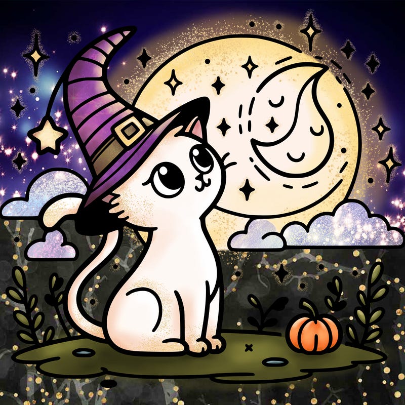 magic cat looking at the moon