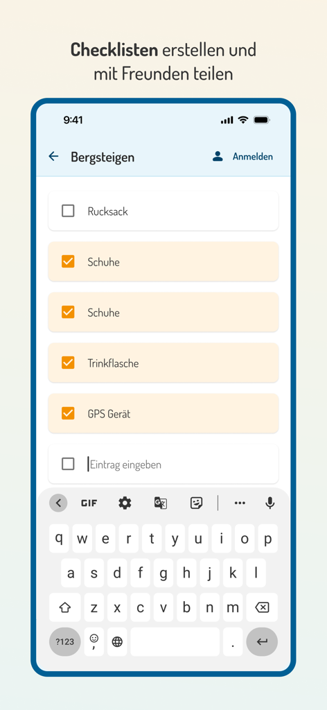 DJH Youth Hostels in Germany - A mobile screenshot showing a travel checklist for mountaineering in the DJH Youth Hostels app
